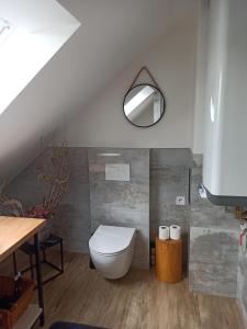 La salle de bains est pourvue de toilettes blanches. dans l'établissement Apartmán U Zastávky, à Ratíškovice