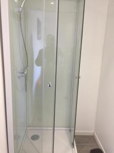 La salle de bains est pourvue d'une douche avec une porte en verre. dans l'établissement IN'D'NOI, à Ajaccio
