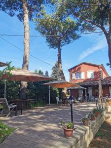 une terrasse avec des tables et des parasols et une maison dans l'établissement B&B Parco degli Ulivi, à Misano Adriatico