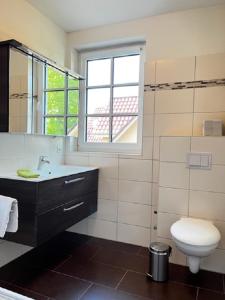 uma casa de banho com um lavatório, um WC e uma janela. em Charlys grode Stuv em Wustrow