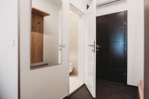 La salle de bains est pourvue de toilettes et d'un miroir. dans l'établissement Bells Osijek, à Osijek