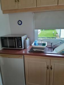 a kitchen counter with a microwave and a sink at Mablethorpe L17 Caravan in Mablethorpe