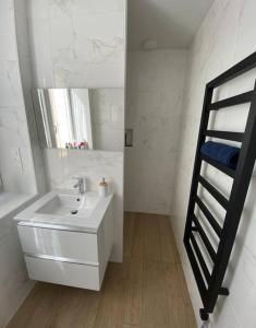 a white bathroom with a sink and a ladder at Appartement avec terrasse in Quimper +3 photos