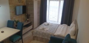 a small room with a bed and a window at Ogy's apartment in Kopaonik +25 photos