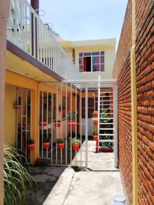ein Gebäude mit Topfpflanzen nebeneinander in der Unterkunft Excelente para Grupos! 5 min al centro, sólo 2.7km in Puebla
