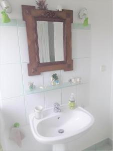 łazienka z białą umywalką i lustrem w obiekcie Dom & ses chambres d'hôtes w mieście Plouigneau