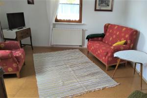 een woonkamer met 2 stoelen en een tapijt bij Ferienwohnung Schuhmacherwerkstatt Wilhelm Wendel in Loßburg