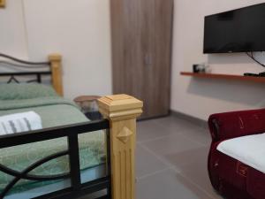 a room with a bed and a tv and a chair at Studio Apartman Rea in Kotor
