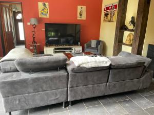 uma sala de estar com 2 sofás e uma televisão de ecrã plano em Chambres d'Hôtes de la forge em Oradour-Saint-Genest