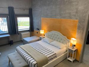 布伦巴泰HOTEL TECH的一间带一张大床和两扇窗户的卧室