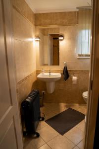 mała łazienka z umywalką i toaletą w obiekcie Domki nad jeziorem-Wodnik 1 w mieście Zarzecze
