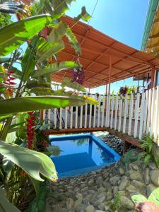 a swimming pool under a wooden pergola at Dreams Lodge Orosi in Cartago