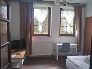 Jiříkov的住宿－Waldhof，一间卧室配有一张床、一张书桌和两个窗户。