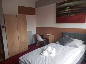 ein Hotelzimmer mit einem Bett mit Handtüchern darauf in der Unterkunft Waldhof in Jiříkov
