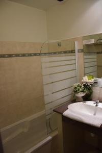 a bathroom with a sink and a shower at Le Petit Relais in Calès