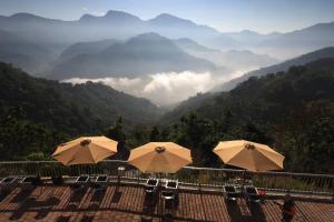 a group of tables and chairs with umbrellas overlooking a valley at One Roll Stone Homestay in Hung-pi-shou
