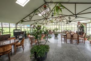 a conservatory with tables and chairs and plants at Kiketi Farm Container in Kiketʼi