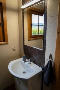 łazienka z umywalką, lustrem i oknem w obiekcie Domki nad jeziorem-Wodnik w mieście Zarzecze