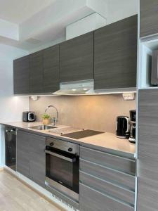 a kitchen with gray cabinets and a sink at Ruka Chalet Front Base in Ruka