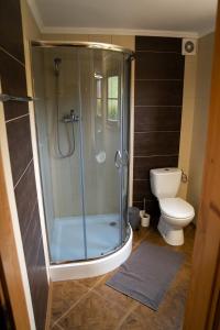 łazienka z prysznicem i toaletą w obiekcie Domki nad jeziorem-Wodnik w mieście Zarzecze