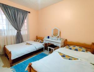 1 dormitorio con 2 camas individuales y espejo en Modern & Comfy Mt. Kenya Sunset View Apartment, en Kangaru