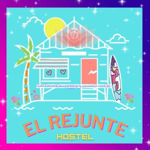 a beach resort hotel with a surfboard in the water at Hostel El Rejunte in Mar del Plata