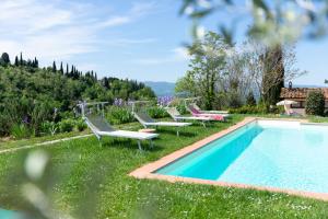 uma piscina com espreguiçadeiras ao lado de um quintal em Appartamento Cantina al Bellini em Pulicciano