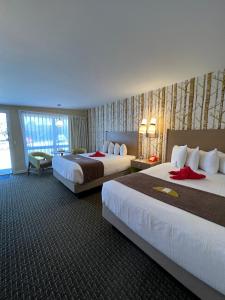 um quarto de hotel com duas camas e uma grande janela em Bar Harbor Motel em Bar Harbor