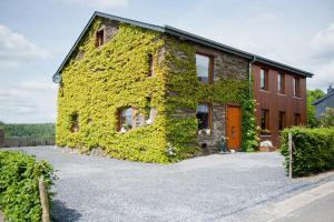 a building covered in green ivy on a street at Chez ELoy in Rochehaut