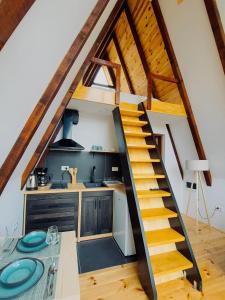 a kitchen with a spiral staircase in a loft at Fern Farm Tiny Home in Mojkovac