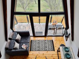 an overhead view of a living room with a couch and a window at Fern Farm Tiny Home in Mojkovac