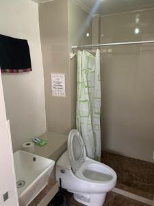 een witte badkamer met een toilet en een wastafel bij Summit Viewpoint House San Blas in Cuzco