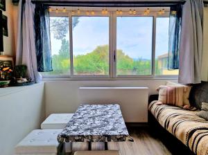 uma sala de estar com um sofá e uma janela em Studio mezzanine entier à 5min de la plage et de St tropez em Cogolin