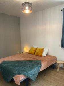 サンティレール・ド・リエにあるLes Villas des Pinsのベッドルーム1室(大型ベッド1台、黄色い枕付)