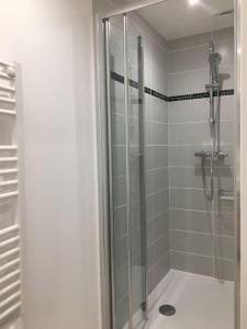 La salle de bains est pourvue d'une douche avec une porte en verre. dans l'établissement La remise d'Angèle, à Prigonrieux