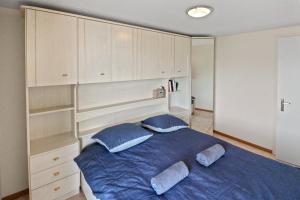 a bedroom with a blue bed with two pillows at Splendide logement avec vue plongeante sur le lac in Saint-Gingolph