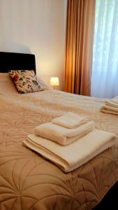 ein Bett mit Handtüchern darauf und einem Fenster in der Unterkunft Apart Relax Turda in Turda