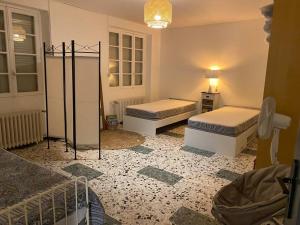 1 Schlafzimmer mit 2 Betten und einem Spiegel in der Unterkunft Maison de village Cevenole climatisée à Branoux-Les-Taillades - Gard - #TravellerAwards 2024 in Branoux-les-Taillades