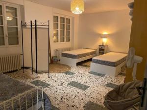 a bedroom with two beds and a mirror in it at Maison de village Cévenole climatisée à Branoux-Les-Taillades - Gard - #TravellerAwards 2025 in Branoux-les-Taillades
