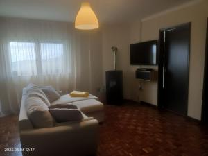 uma sala de estar com um sofá e uma televisão de ecrã plano em Cantinho do Préstimo em Águeda