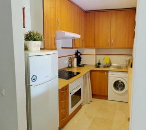 - une cuisine avec des placards en bois et un réfrigérateur blanc dans l'établissement APARTAMENTO CASARES PLAYA, à San Luis de Sabinillas
