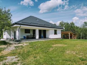 a small white house with a grass yard at Casa Carolina in Boiu Mare