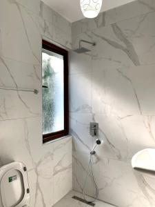 ein Badezimmer mit Dusche mit Fenster und Waschbecken in der Unterkunft Hotel Nature in Kolonjë + 47 Fotos