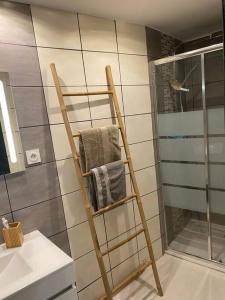 a towel rack in a bathroom with a shower at Gite de Tom et Mag classé 3 * Clevacances in Pontgibaud