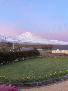 a snow covered mountain in the distance with a yard with flowers at Modern apartment at Croagh Patrick in Westport +12 photos