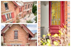 tres fotos de un edificio de ladrillo con una puerta roja en Maison familiale en plein centre ville à 20 min de Paris et Disney, en Saint-Maur-des-Fossés