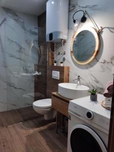 ein Badezimmer mit einem Waschbecken, einem WC und einem Spiegel in der Unterkunft Apartment Ivante in Kaštela