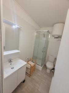 uma casa de banho com um chuveiro, um lavatório e um WC. em logement vue sur mer em Canet-en-Roussillon
