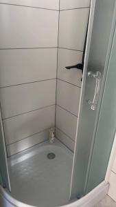 a bathroom with a shower with a glass door at Centro apartamentai in Kalvarija