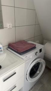 eine Waschküche mit einer Waschmaschine und einem Waschbecken in der Unterkunft Centro apartamentai in Kalvarija